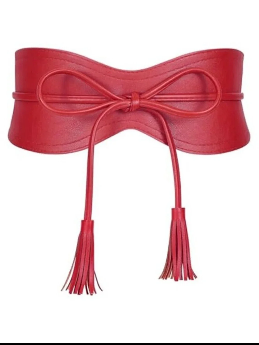 Women Red Wide Belt for Dress Vegan Leather Obi Belt Waistband with Tassel Tie